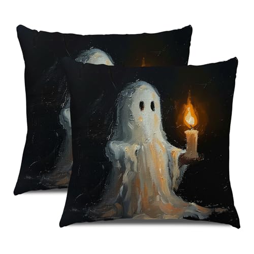 LOMCHEN Halloween Pillow Covers 18x18 Inch Set of 2 Vintage Ghost Candle Throw Pillow Covers for Halloween Decorations Halloween Ghost Cushion Case Decorations for Sofa Couch