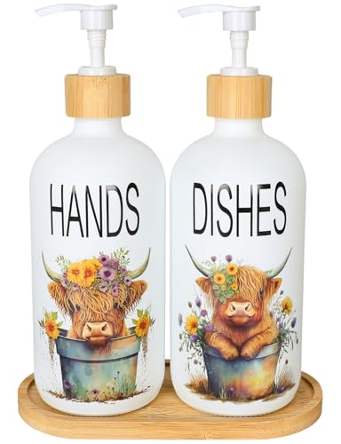 JarThenaAMCS 2Pcs Highland Cow Soap Dispenser Farmhouse Cow Floral Glass Dispenser with Pump Refillable Liquid Soap Container for Bathroom Kitchen Countertop Decor