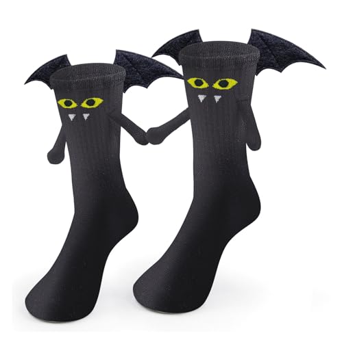 Awoscut Halloween Hand in Hand Novelty Socks Magnetic Holding Hands Funny 3D Ghost-Bat Family Matching Socks for Adult Kid (1 Pair Black Bat, ONE SIZE)