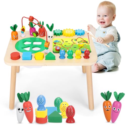 HEYLANDU Activity Table for 1+ Year Old Girls Boys, 7-in-1 Wooden Montessori Toys, Activity Center, Baby Toddler Sensory Toys Kids First Birthday Gift