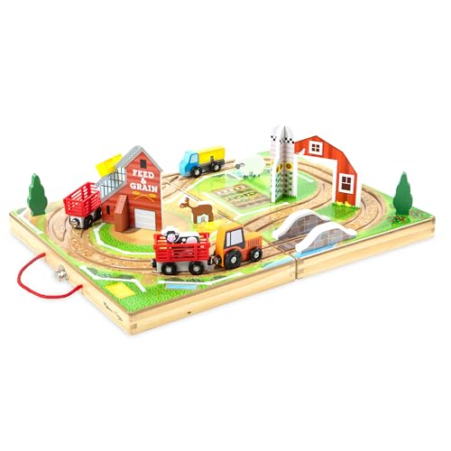 Melissa & Doug 17-Piece Wooden Tabletop Farm Playset With 4 Vehicles, Grain House & Play Pieces - Pretend Barnyard Toy For Toddlers Ages 1+