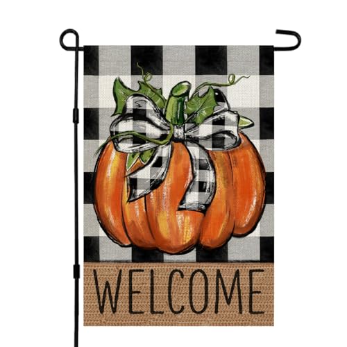 CROWNED BEAUTY Fall Pumpkin Garden Flag 12x18 Inch Double Sided for Outside Thanksgiving Burlap Buffalo Plaid Small Welcome Seasonal Yard Flag (Orange)