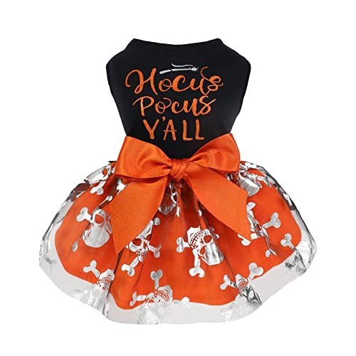 Fitwarm Hocus Pocus Y'all Funny Dog Halloween Tulle Dress, Holiday Dog Clothes for Small Dogs Girl, Funny Pirate Skull Pet Costume, Witch Cat Outfit, Orange, Black, Small