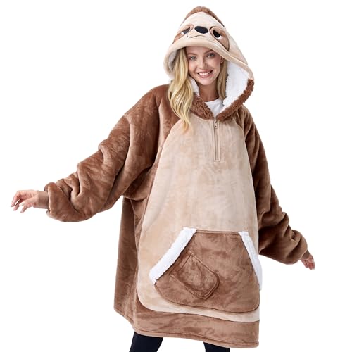 Giggling Getup Sloth Wearable Blanket Hoodie - Oversized Soft Sherpa Fleece Hooded Blanket - Warm Cozy Plush Flannel Blanket Sweatshirt Gifts - with Giant Pocket and Sleeves for Adults Women Men