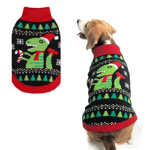 BINGPET Knit Puppy Dog Sweater,Dinosaur Pattern Holiday Turtleneck Sweaters for Small Medium Large Dogs,Pet Winter Clothes Warm Sweatshirts Outfits for Dogs and Large Cats