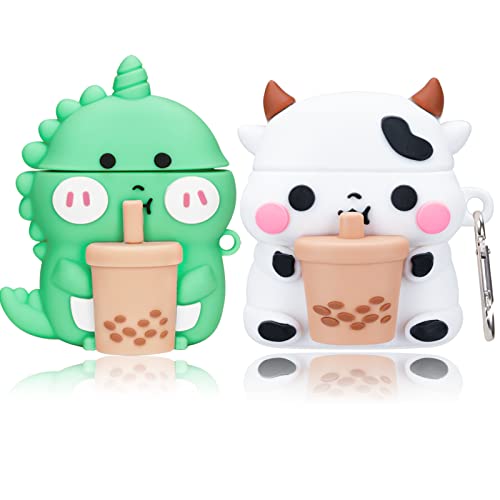 2 Pack for AirPods 2&1 Gen Case Cover, 3D Cute Funny Cartoon Boba Tea Cows & Boba Tea Dinosaurs Shape Apple Airpod Case Soft Silicone Skin with Keychain for Girls Boys Kids Teens (Cow+Dino)