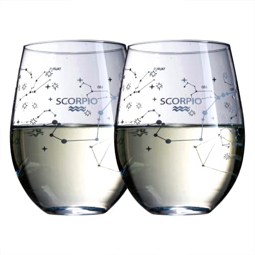 The Wine Savant Set of 2 Zodiac Sign Wine Glasses with 2 Wooden Coasters Astrology Drinking Glass Set with Etched Constellation Tumblers for Juice, Water Home Bar Horoscope Gifts 18oz (Scorpio)