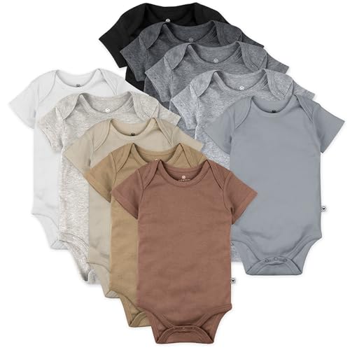 Honestbaby 10-Pack Short Sleeve Bodysuits One-Piece 100% Organic Cotton for Infant Baby Boys, Girls, Unisex, Earth Tones,0-3 Months