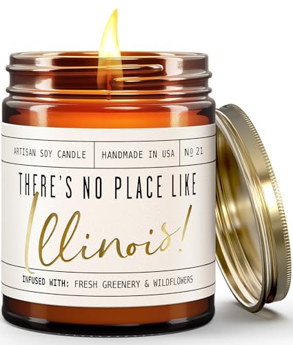 Illinois Gifts, Illinois Decor for Home - 'There's No Place Like Illinois Candle, w/Greenery, Ozone & Wildflowers I Illinois Souvenirs I Illinois State Gifts I 9oz Jar, 50Hr Burn, USA Made