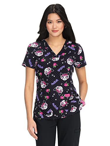 KOI Betsey Johnson B120PR Women's Bell Scrub Top Frightful Kitties M