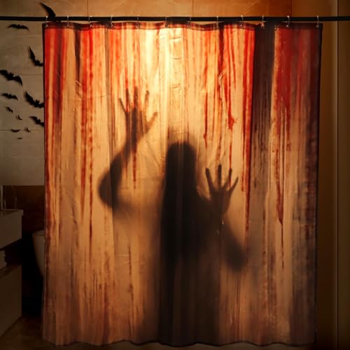 Halloween Shower Curtain Set: Spooky Female Blood Ghost Shadow Halloween Bathroom Shower Curtain with Hook, Bloody Handprint Haunted House Fabric Shower Curtain for Bathroom Decorations Indoor