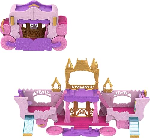 Mattel Disney Princess Toys, Carriage to Castle Transforming Playset with Aurora Small Doll, 3 Levels, 6 Play Areas, 4 Figures, Furniture & Accessories