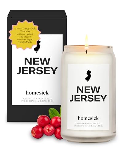 Homesick Scented Candles for Home (New Jersey) - 13.75 oz Long-Lasting Soy Wax Jar Candle for Women & Men for All Occasions, 60-80 Hours Burn Time - Notes of Candy Apple & Cranberry