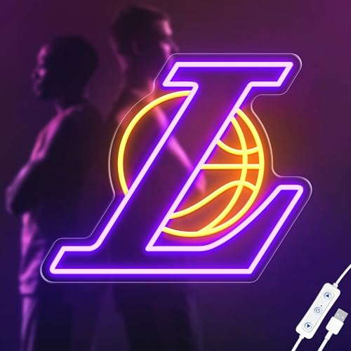 ACOPAEY Basketball Neon Sign, 13×11 Inch Basketball Led Neon Light, Dimmable LED Neon Signs for Wall Decor, Powered by USB Neon Sign, Los Angeles Laker Fans Gift, Sports Neon Signs for Room Bedroom