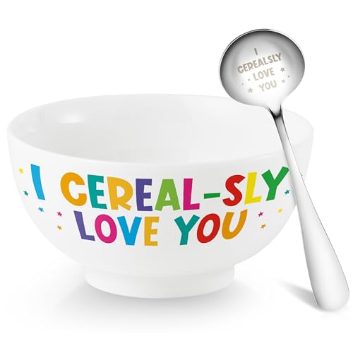 R HORSE Cereal Bowl and Spoon Set Colorful Funny Cereal Bowl with Engraved Spoon Gift Set for Salad Soup Ice Cream, Oatmeal Breakfast Bowl Cereal Fruit Tableware Kit for Kid Cereal Lovers