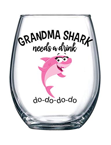 Vine Country Grandma Shark Needs a Drink Funny Wine Glass - Gift For Birthdays, Mother's Day, Christmas, Holidays or Just Because - Stemless