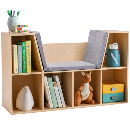 HOMCOM 6-Cubby Kids Bookcase with Reading Nook and Cushion, Multi-Purpose Storage Organizer for Bedroom, Living Room, Natural