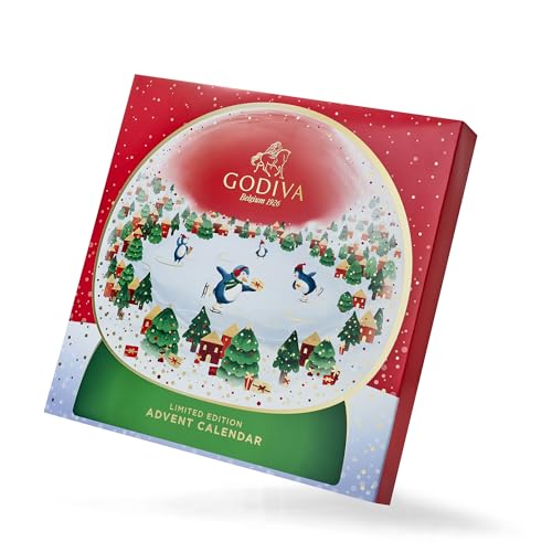 Godiva Chocolatier 2024 Deluxe Snowglobe Advent Calendar - Limited Edition 24-Piece Dark Milk Chocolate Assortment with Almonds, Caramel, and Mousse - Holiday Gift Box, Christmas Candy for Gift Basket