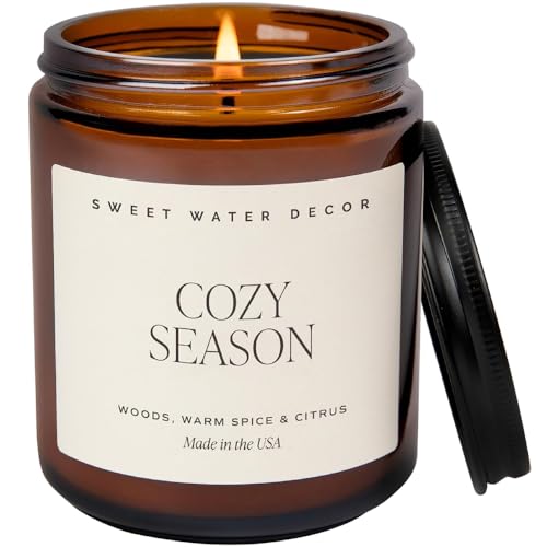 Sweet Water Decor Cozy Season Soy Candles - Fall Candles with Woods, Warm Spice, and Citrus Scent for Home Decor - Soy Candle with 40 Hours Burn Time - 9Oz Black Lid Amber Jar Candles Fall Scents