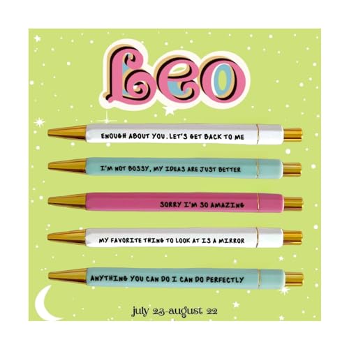 Jxueych 5 Pcs Leo Themed Ballpoint Pens with Inspirational Quotes, Medium Nib 1.0mm, Black Ink, Perfect Office Supplies and Funny Gift for Friends, Family, Birthdays