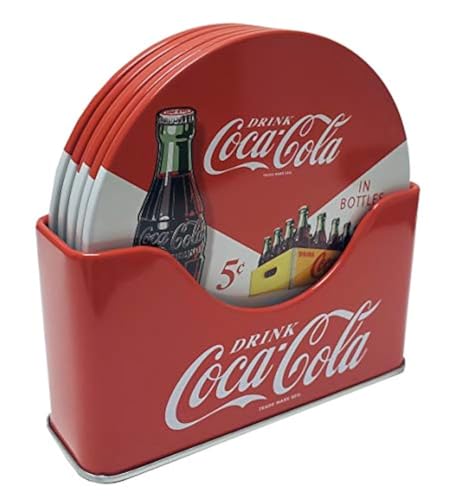 The Tin Box Company Coke 6 pc Coaster Set with Standing Metal Holder, Red