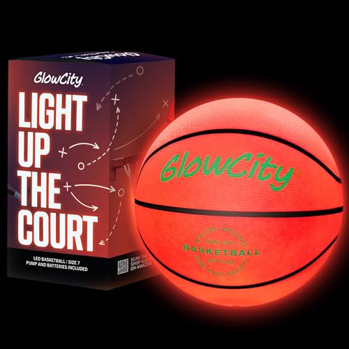 GlowCity Glow in The Dark Basketball for Teen Boy - Glowing Red Basket Ball, Light Up LED Toy for Night Ball Games - Sports Stuff & Gadgets for Kids Age 8 Years Old and Up. Great Gift for Boys & Girls