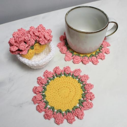 Cute Coasters Set of 4,Funny Pink Flower Coasters,Crochet Plant Pot Coaster Set for Drinks with Flowerpot Holder,Fun Soft Decorative Coasters Housewarming Gifts for New Home Bar Desk