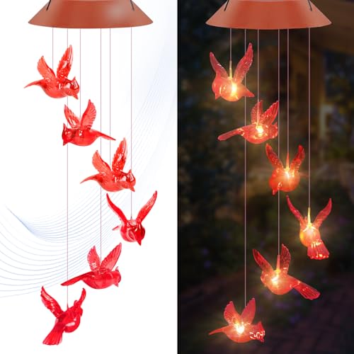 Cardinal Solar Wind Chimes, Solar Cardinal Bird Wind Chimes Outside Moms Gifts Unique Cardinal Gifts for Women Red Bird Outdoor Decor Garden Gifts for Grandma mom Memorial Wind Chimes