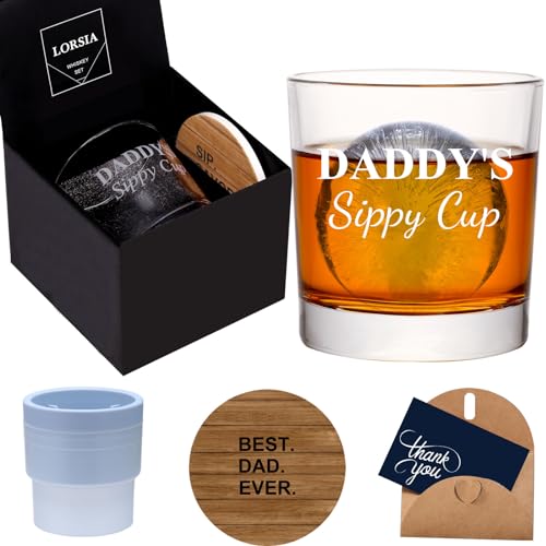 Daddy's Sippy Cup Whiskey Glass Set in Gift Box, Funny unique Gifts for New Dad, Father, Papa, Husband, from Wife - 10 Oz Old Fashioned Glass & Ice Ball Mold & Coaster & Gift Card