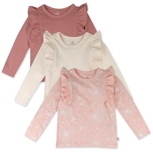 HonestBaby 3 Pack Side Ruffle Top Set 100% Organic Cotton for Baby and Toddler Girls, Sketchy Floral Dusty Pink