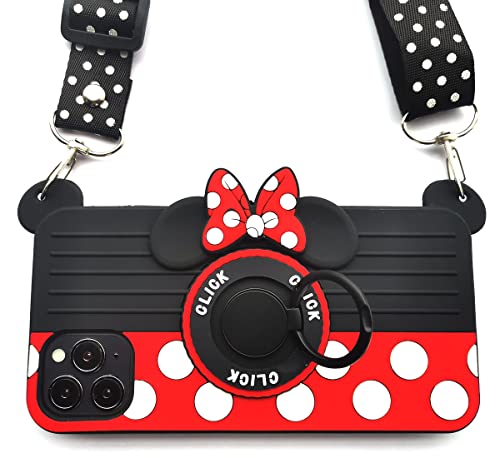 for iPhone 13 Pro Case iPhone 14 Pro Case 15 Pro Case Minnie Phone Case 3D Cute Camera Design Soft Silicone casewith Rotating Metal Bracket Lanyard