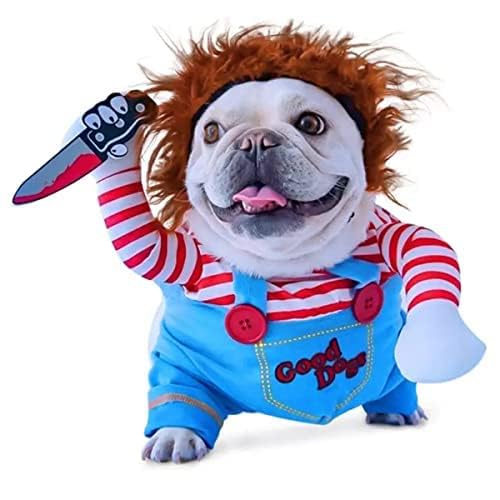 Pet Deadly Doll Dog Costume Chucky Dog Costume Wig Fake Knife Scary Dog Costume with Arms Funny Dog Costume Halloween Christmas Cosplay Costume for Small Medium Large Dogs