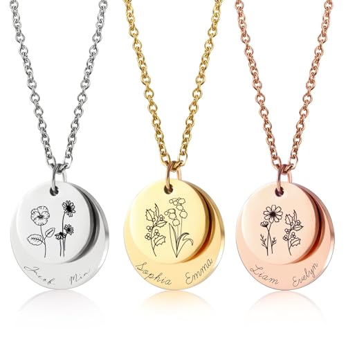 Sufall Engraved Custom Name Necklaces Birthday Gifts for Mom Personalized Mama Jewelry Women's Christmas Gift Mothers Day Gifts for Mom Birth flower Necklace with Kids Names