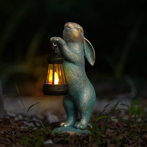 MININOVA Garden Statues Rabbit with Solar Lantern Outdoor Bunny Figurines Decorations for Patio Yard Lawn Ornaments Gifts for Birthday Easter Housewarming