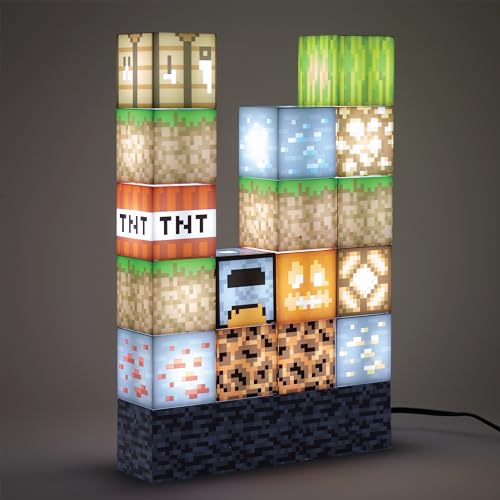 Paladone Minecraft Official Licensed Block Building Lamp 16 Customizable Light Up Blocks - Interactive Decoration, Toy, Nightlight for Kids, Gamer Room Decor, Gaming Gift for Boys and Girls