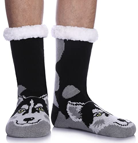 LINEMIN Mens Warm Slipper Socks Soft Cozy Fuzzy Fleece-Lined Winter Non Slip Indoor Christmas Socks (Siberian Husky Dog)