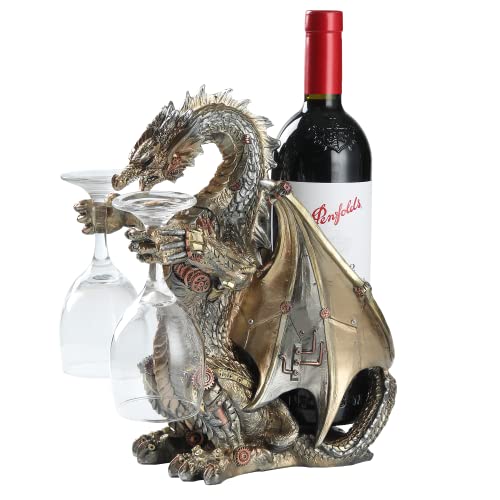 HEINBOW Steampunk Dragon Wine Bottle Wine Holder Statue with Two Wine Glasses Holder Wine Rack Gothic Decor Metallic Look for Home Man Cave Decor Gifts for Men 11.6''High