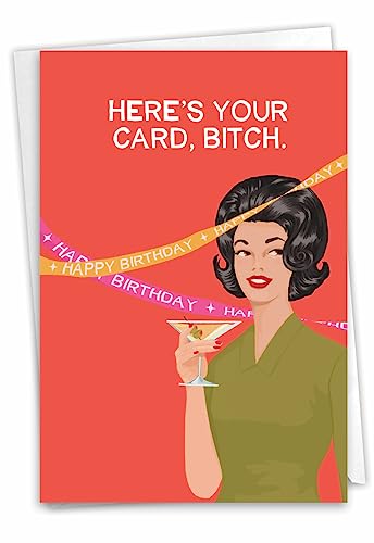 NobleWorks - 1 Funny Happy Birthday Card - Sarcastic Retro Humor, Bluntcard Stationery (Buyer Discretion Advised) - Here's Your Card C2995BDG