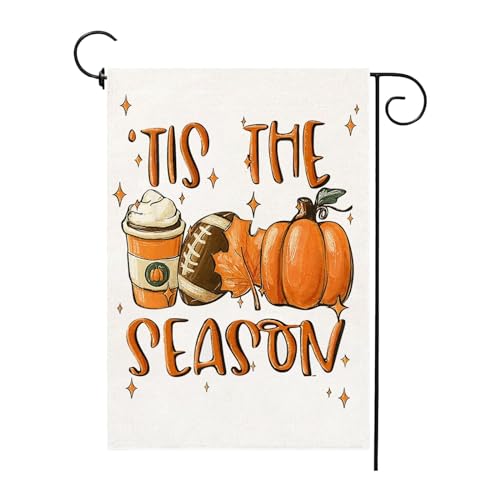 Fall Garden Flag Tis The Season 12×18 Inch Double Sided Foootball Pumpkin Burlap Flag Outside Vertical Spice Latte Holiday Farmhouse Leaf Outdoor Yard Decor