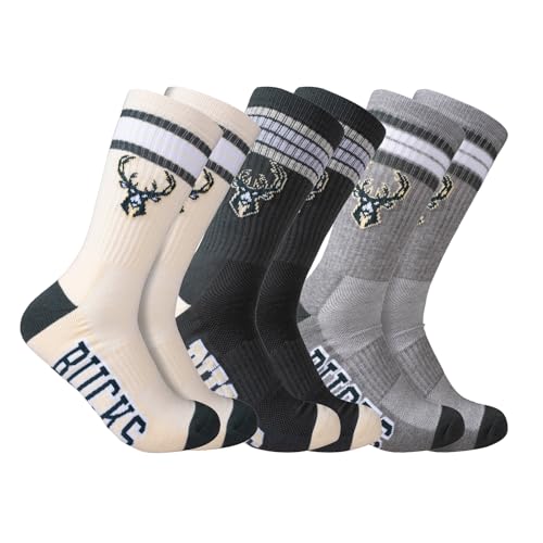 Ultra Game NBA Official Men’s Athletic Cushioned Secure Fit Team Crew Socks - 3 Pack - Unisex, Milwaukee Bucks, Assorted, M6-12