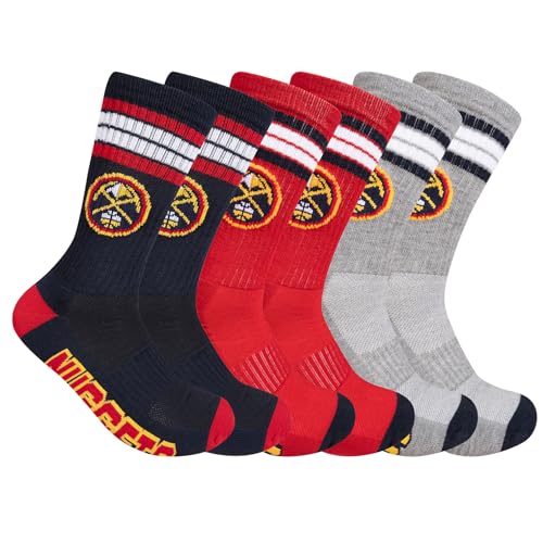 Ultra Game NBA Official Men’s Athletic Cushioned Secure Fit Team Crew Socks - 3 Pack - Unisex, Denver Nuggets, Assorted, M6-12