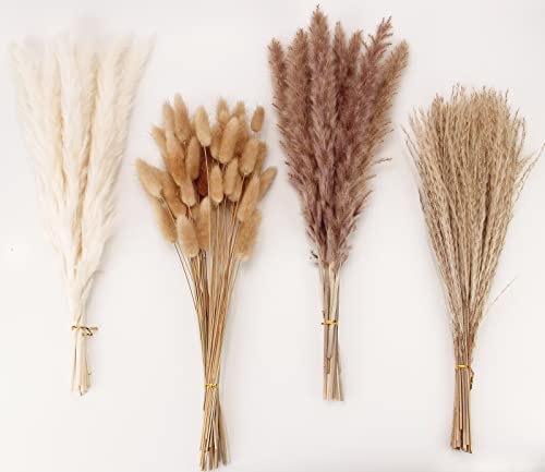 Dried Pampas Grass Decor, 100 Stems Pampas Grass Contains Bunny Tails Dried Flowers, Reed Grass Bouquet for Wedding Boho Flowers Home Table Decor, Rustic Farmhouse Party (17', White and Brown)