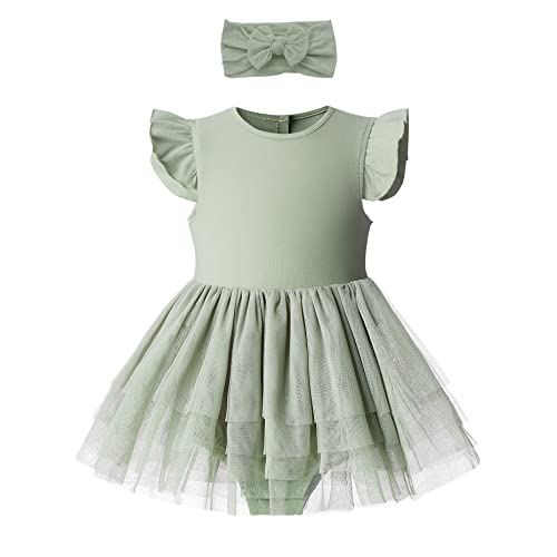 O2 BABY Organic Cotton Baby Girl Ruffle Romper Summer Dress Jumpsuit with Headband Outfit Set（0-3Months, Sage）