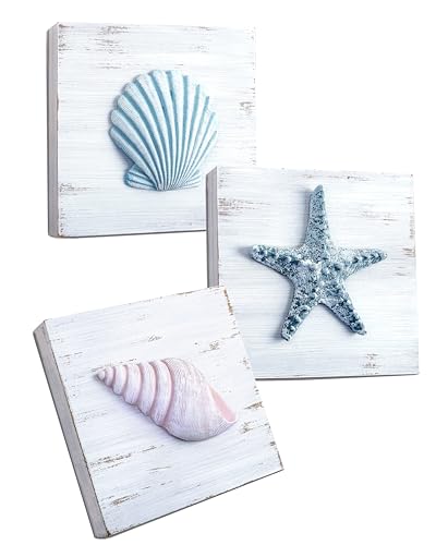 TideAndTales 3D Beach Wall Art - Seashell Decor with Starfish for Beach Bathroom Decor, Ocean Inspired Beach Decor for Bathroom, Coastal Bedroom, Living Room or Beach House, Set of 3 (6”x 6”)