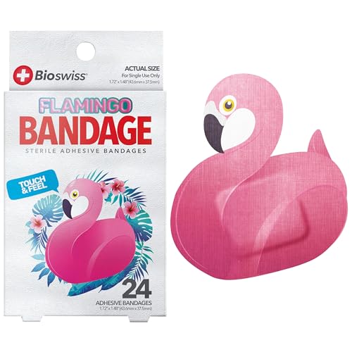 BioSwiss Bandages, Flamingo Shaped Self Adhesive Bandage, Latex Free Sterile Wound Care, 24 Count