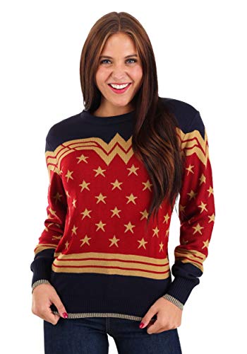 DC Comics Adult Wonder Woman Hero Ugly Christmas Sweater, Superhero Holiday Xmas Sweaters, Festive Knitted Crewneck XL