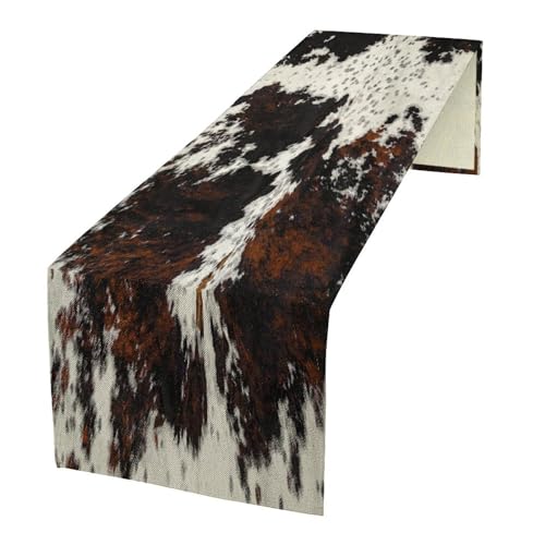 Cow Skin Print Table Runner, Cotton Linen Rustic Cottage Country Farm Animal Fur Skin Pattern Western Style Black Brown Cowhide Print Dinner Runner for Home Kitchen Dining Table Decoration 13'x36'