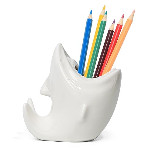 ComSaf Cute Shark Shaped Pen Pencil Holder, White Ceramic Succulent Planter Pots for Home Office Decoration Desk Organization, Set of 1