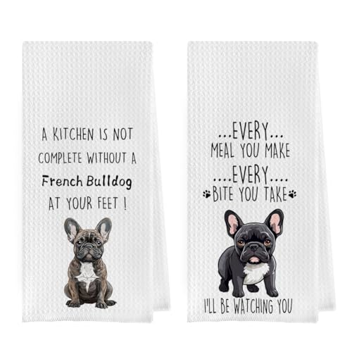 Geqtt French Bulldog Dish Towels Set - Funny French Bulldog Waffle Weave Kitchen Towels, French Bulldog Decorative Hand Tea Towels for Bathroom Kitchen, French Bulldog Gifts (16×24 Inches Set of 2)