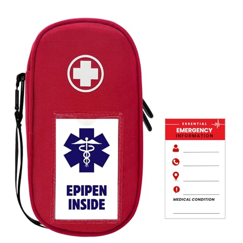 ICIMBI EpiPen Carry Case Insulated,Emergency Medical Bag with Carabiner-for 2 EpiPens,Asthma Inhaler,Auvi-Q,Anti-Histamine,Allergy Medicine,Eye Drops,Diabetes Travel Case(Red)